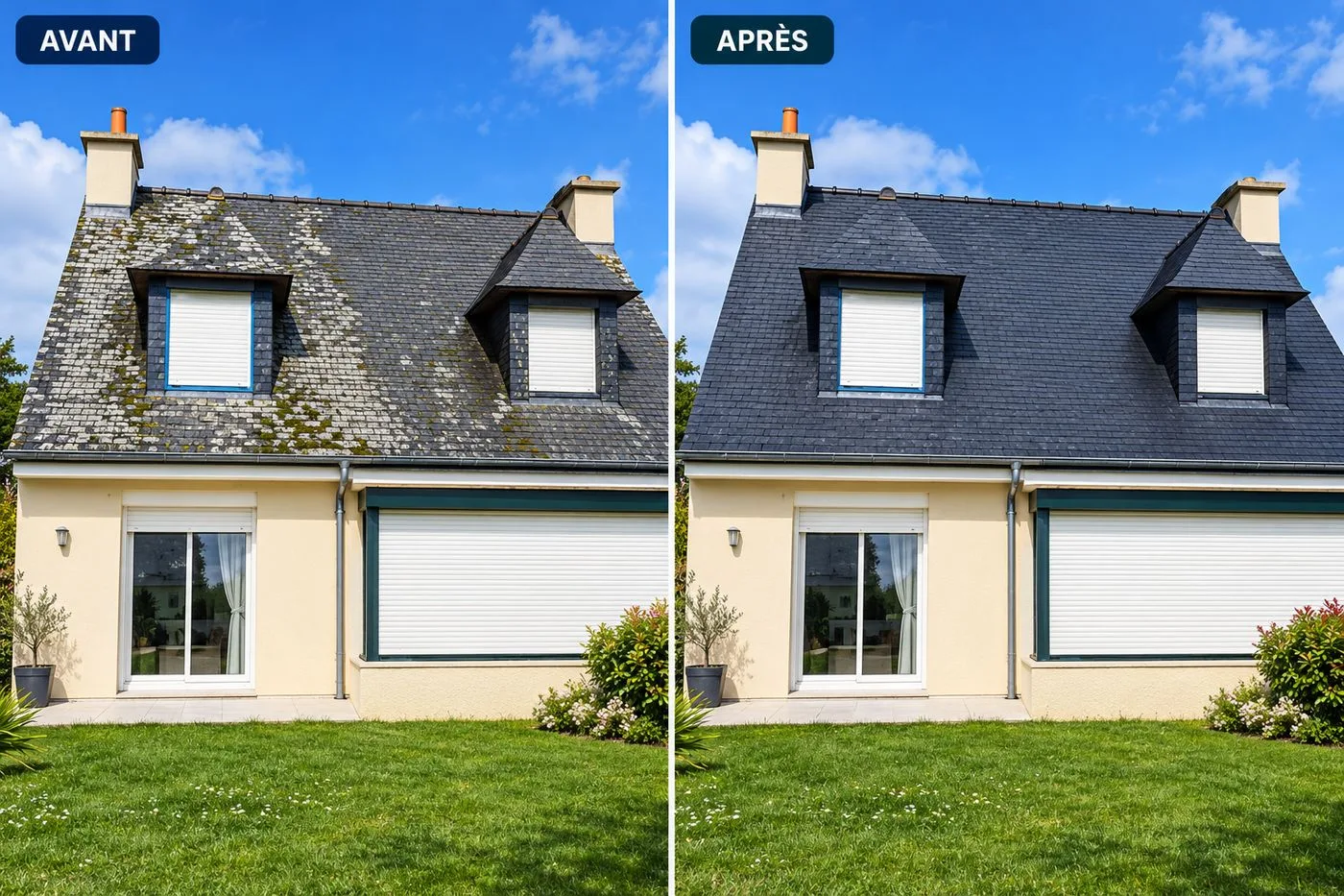 Démoussage toiture Rennes : toiture en ardoise bretonne couverte de mousse puis nettoyée