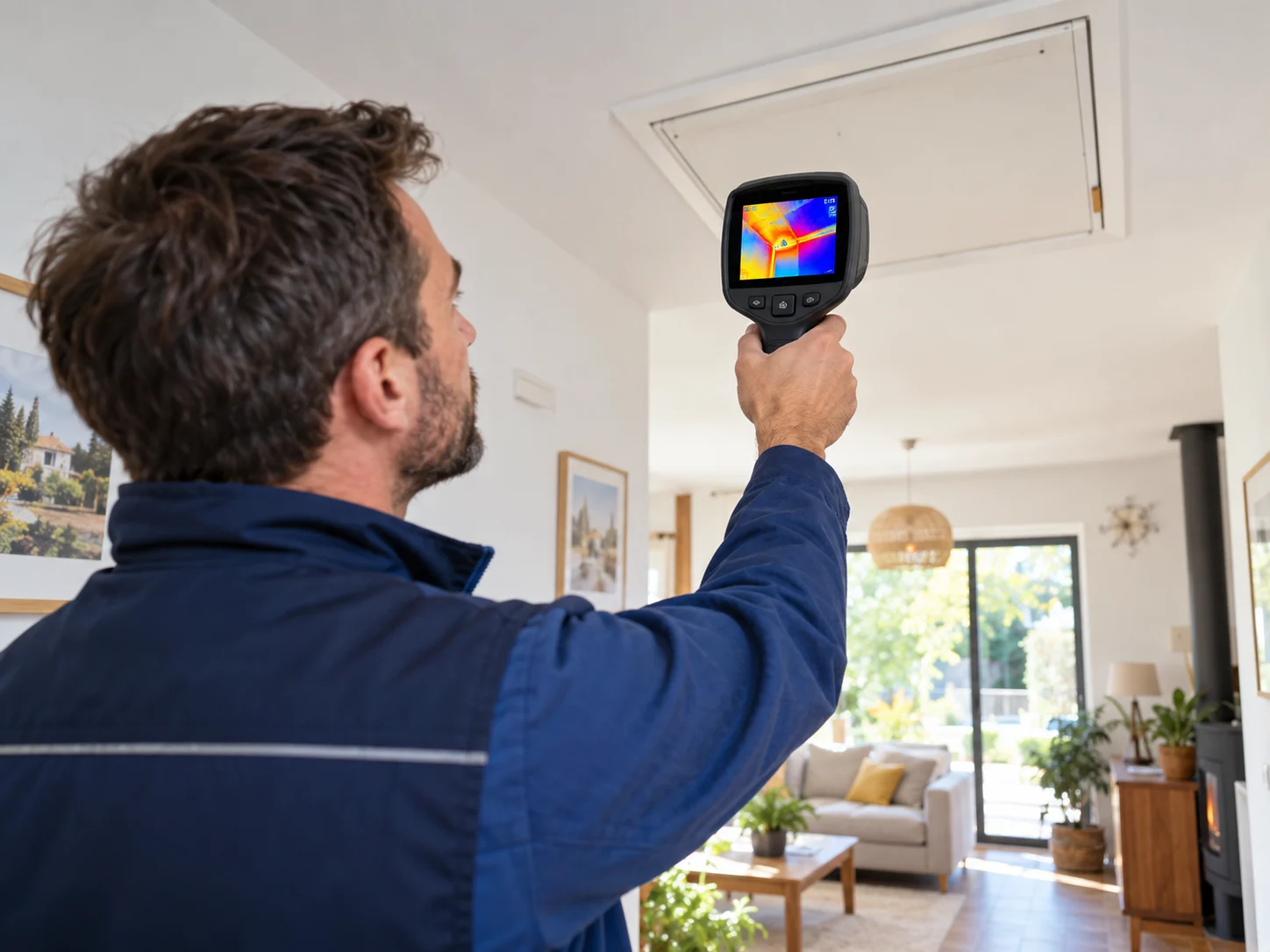 Technicien utilisant une caméra thermique dans une maison