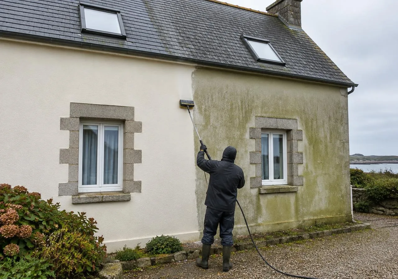 Nettoyage de façade en Bretagne sur une maison en cours de rénovation