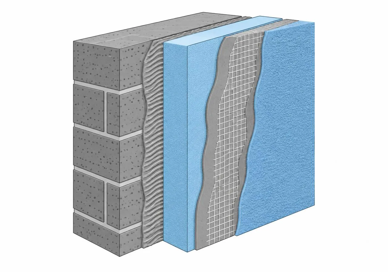 Coupe d'un mur avec isolation thermique par l'extérieur, Bretagne : mur, isolant, treillis et enduit